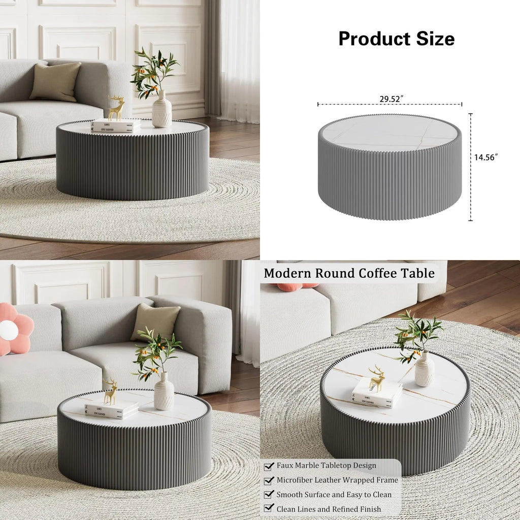 29.52" Grey Round Coffee Table Sintered Stone Top Fluted PU Leather Base