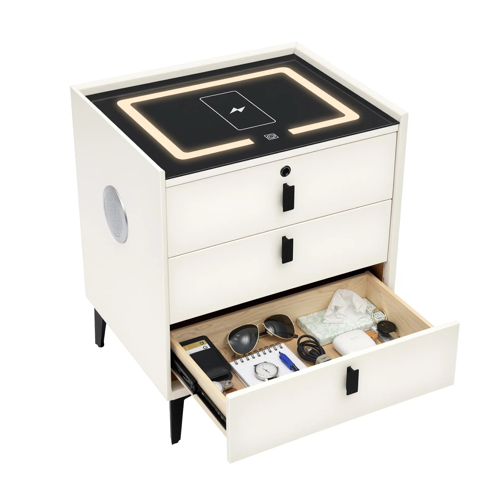 Smart Nightstand/Built-in Bluetooth Speaker, Fingerprint Lock/Wireless Phone Charging