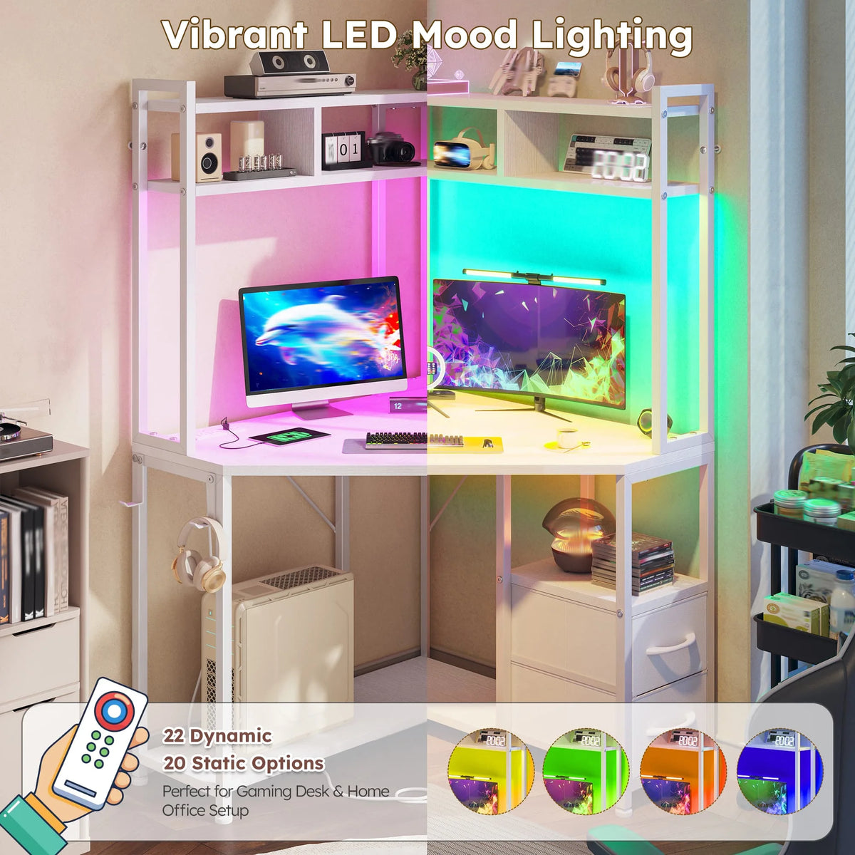Corner gaming desk includes outlets, LED lights, drawers, shelves, hooks.