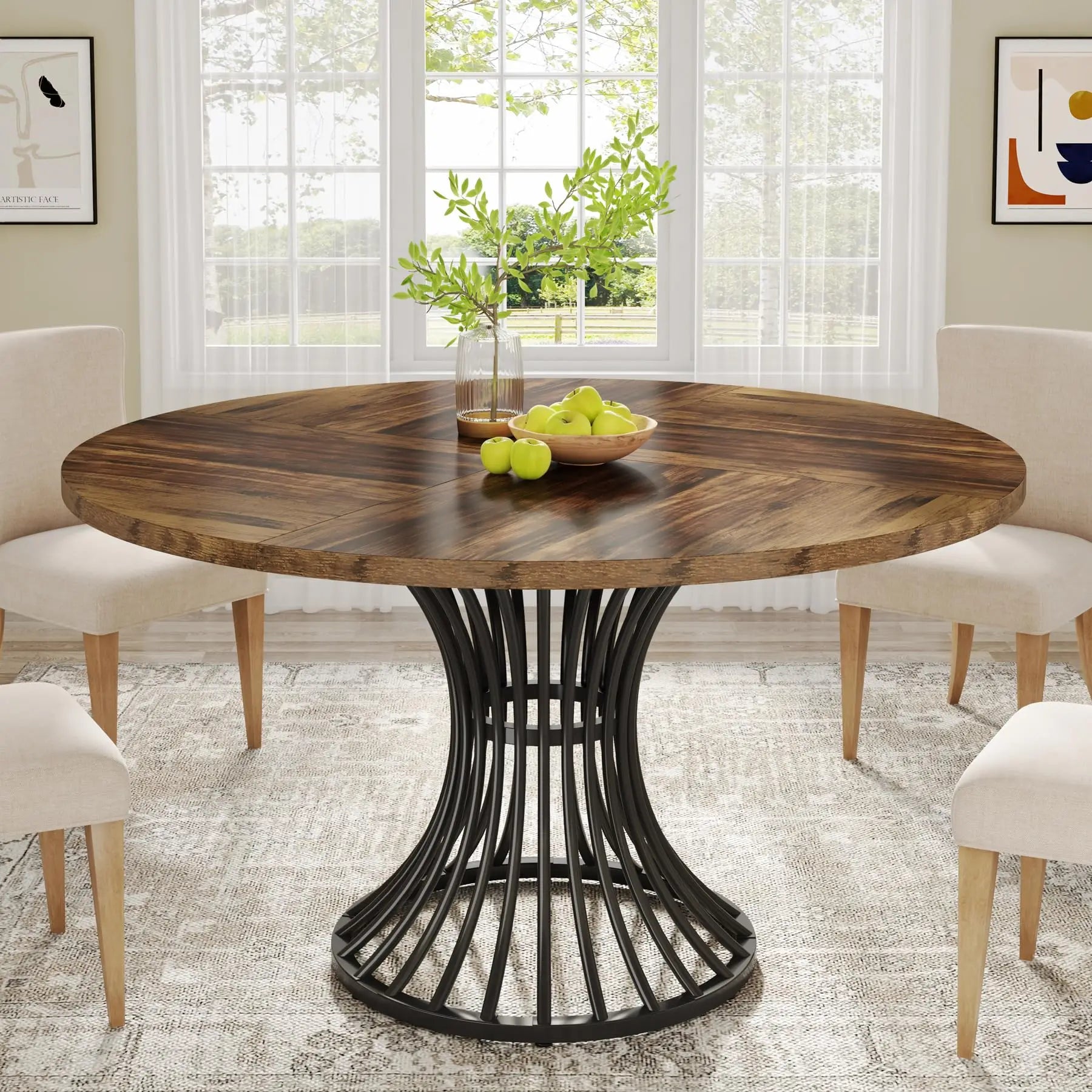Round Dining Table for 4-6 People, 47-Inch Farmhouse