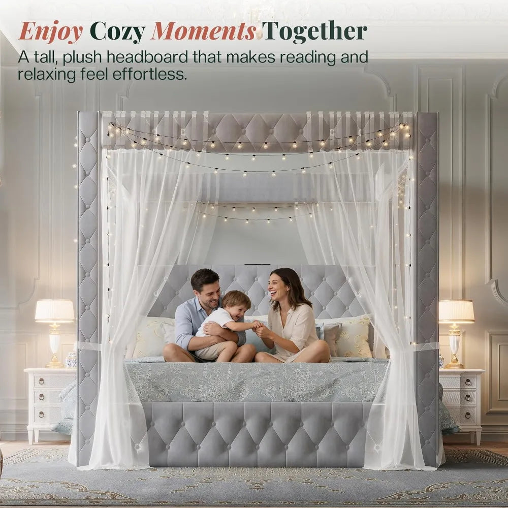 King Upholstered Canopy Bed Frame 74.8in Tall with Charging Station,
