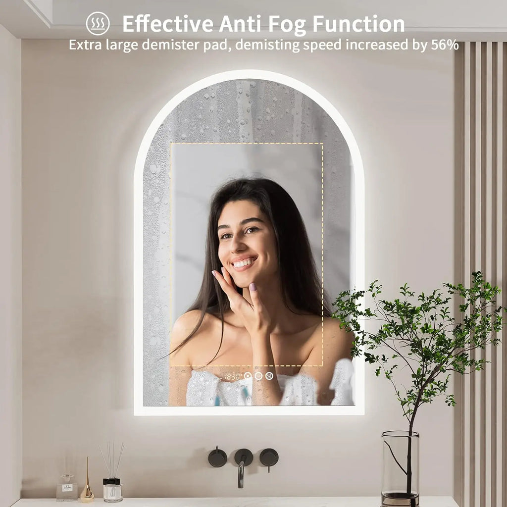 Backlit Smart LED Bathroom Mirror: 36 x 24 Inch Arched Dimmable 3 Colors Anti-Fog