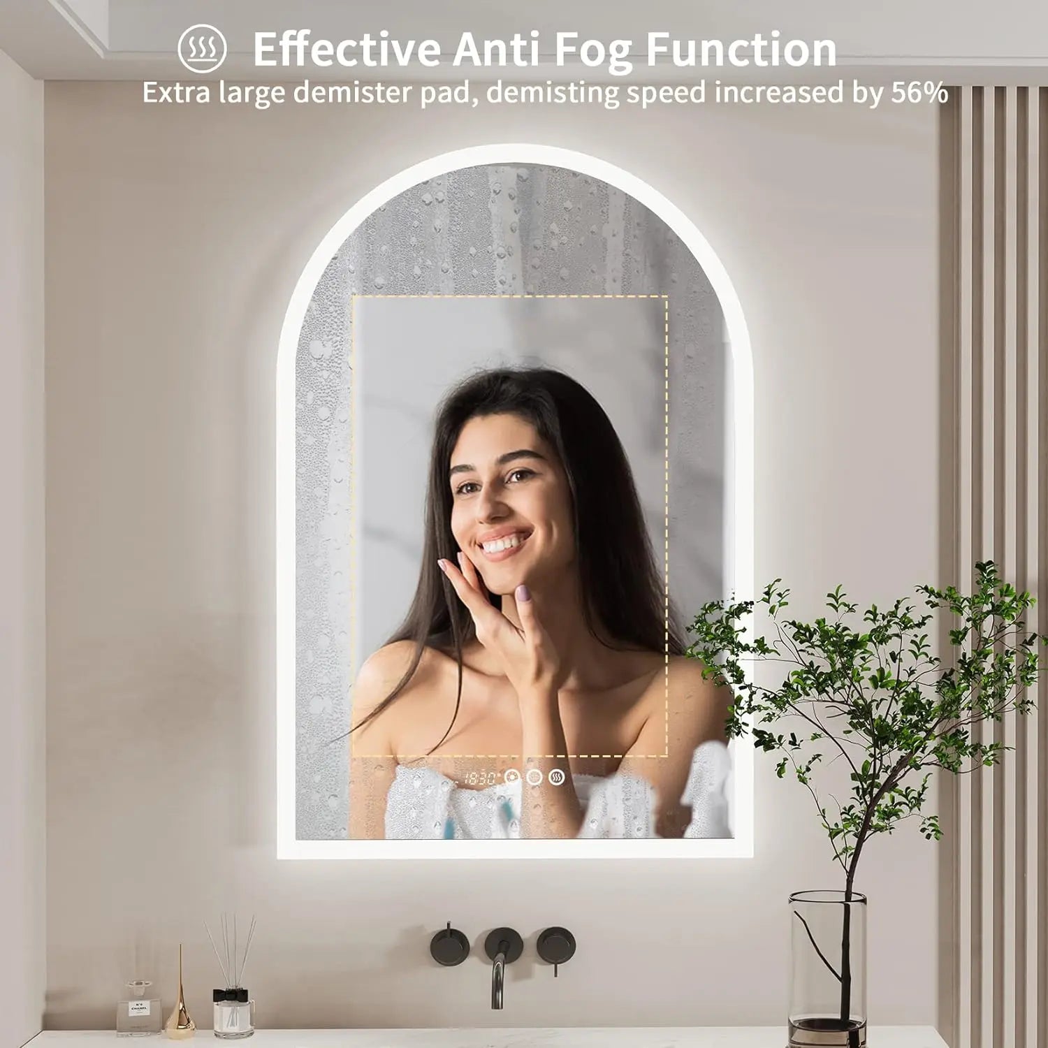 Backlit Smart LED Bathroom Mirror: 36 x 24 Inch Arched Dimmable 3 Colors Anti-Fog