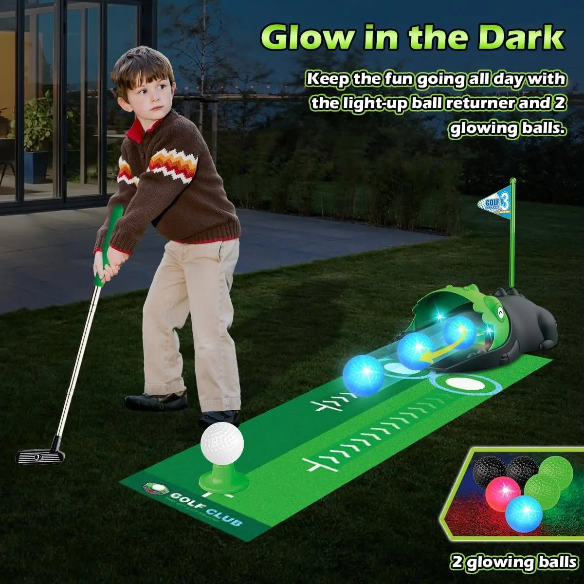 Kids Toy Golf Set Auto Returner Night Light Golf Balls Mat