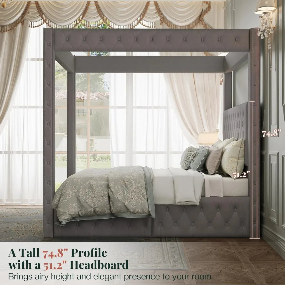 King Upholstered Canopy Bed Frame 74.8in Tall with Charging Station,