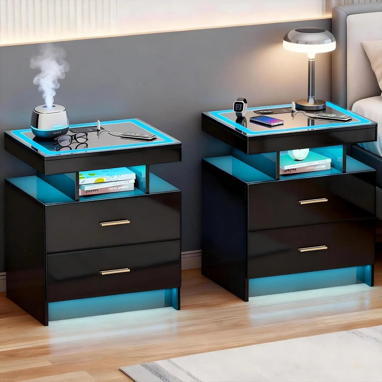 2 Set Nightstands with Wireless Charging Station for Bedroom, Auto Sensor 3 Color Dimmable LED End Table, Modern, Customized