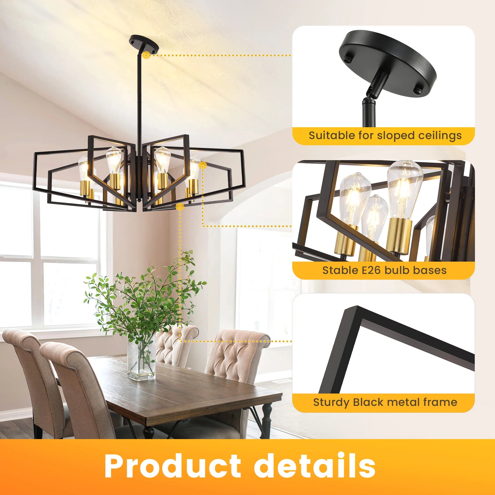 Modern 8-Light Gold and black Geometric Chandelier Adjustable Height Metal Pendant Light