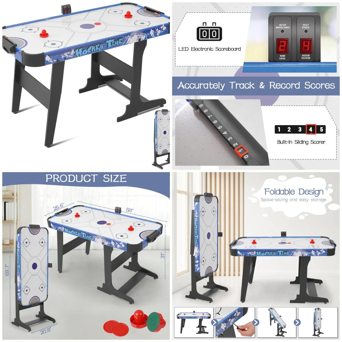 58” Foldable Air Hockey Table Gaming Set with 2 Pucks