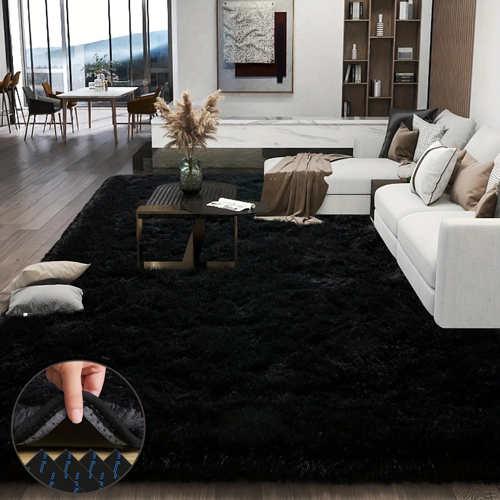 Large plush area rug, decorative rug.