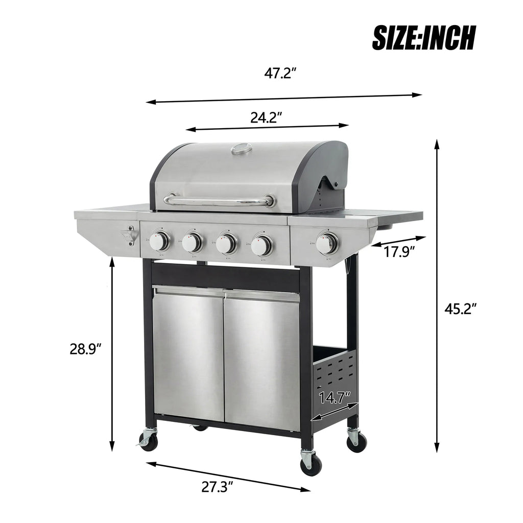 4 Main Burner Stainless Steel Gas Grill with Side Burner,