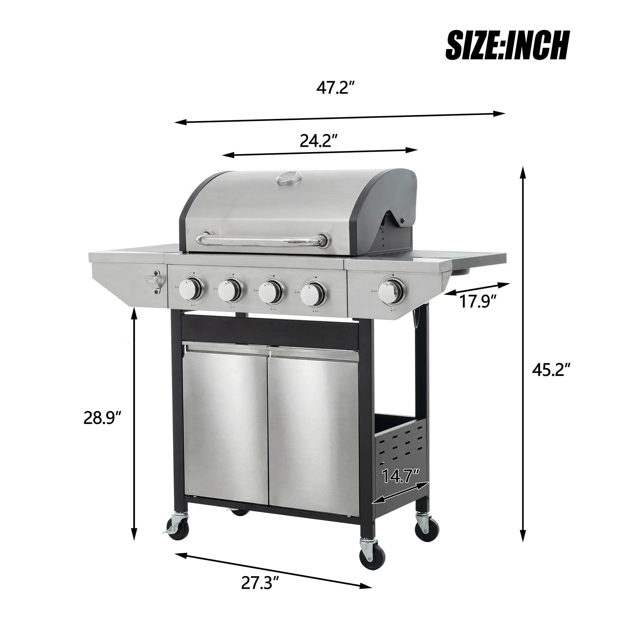 4 Main Burner Stainless Steel Gas Grill with Side Burner,