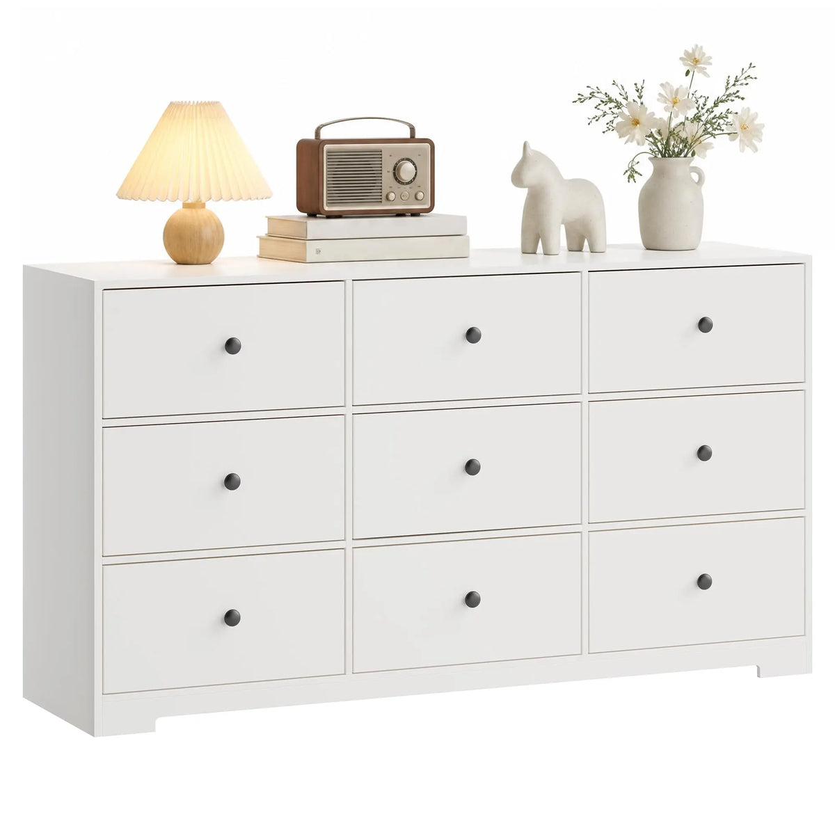 Wide nine-drawer dresser provides modern wood storage with elegant gold handles.