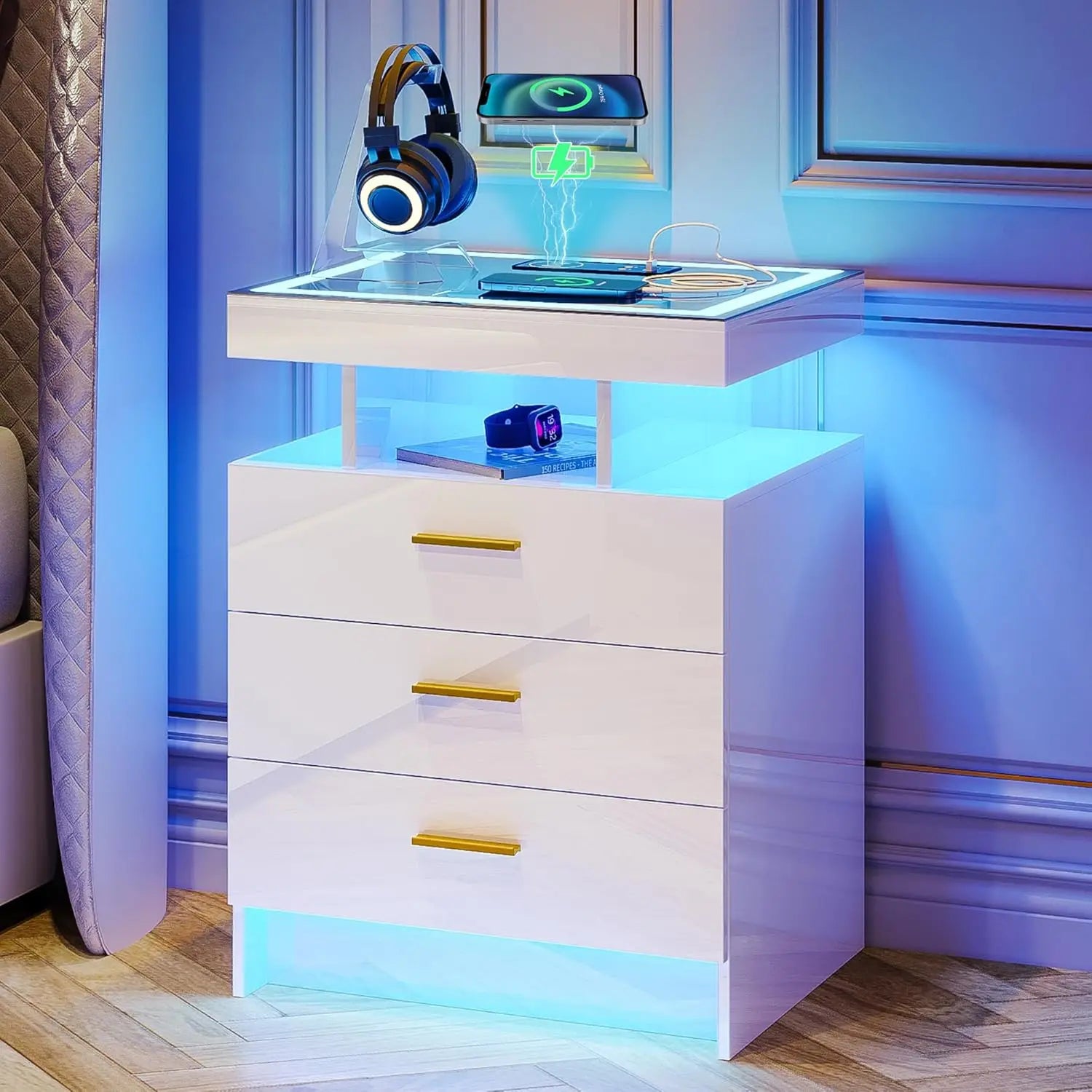 2 Set Nightstands with Wireless Charging Station for Bedroom, Auto Sensor 3 Color Dimmable LED End Table, Modern, Customized