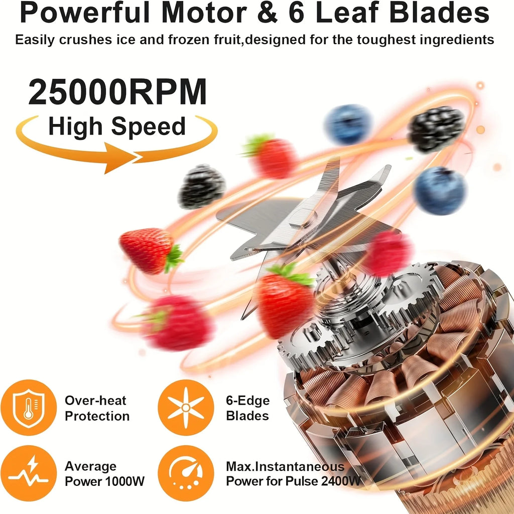 2400W Heating Blender 25000 RPM Heavy Duty Auto Clean 55oz Glass Jar and cup To-Go Cup