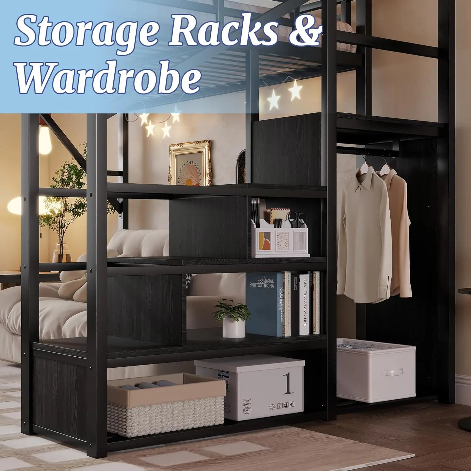 Queen Size Metal Loft Bed Frame With Stairs & Storage,