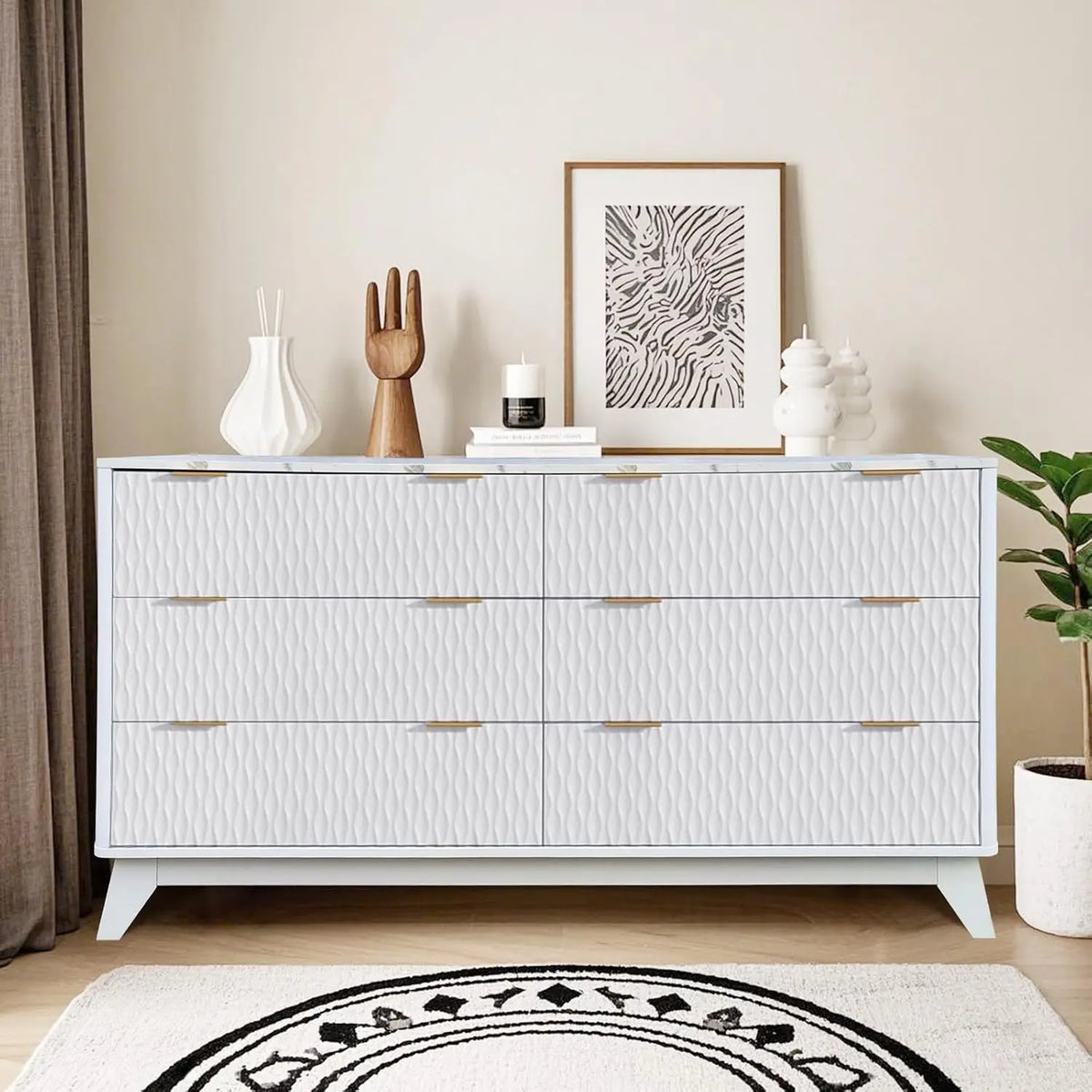 Modern fluted dresser offers six drawers, faux marble top, and versatile storage