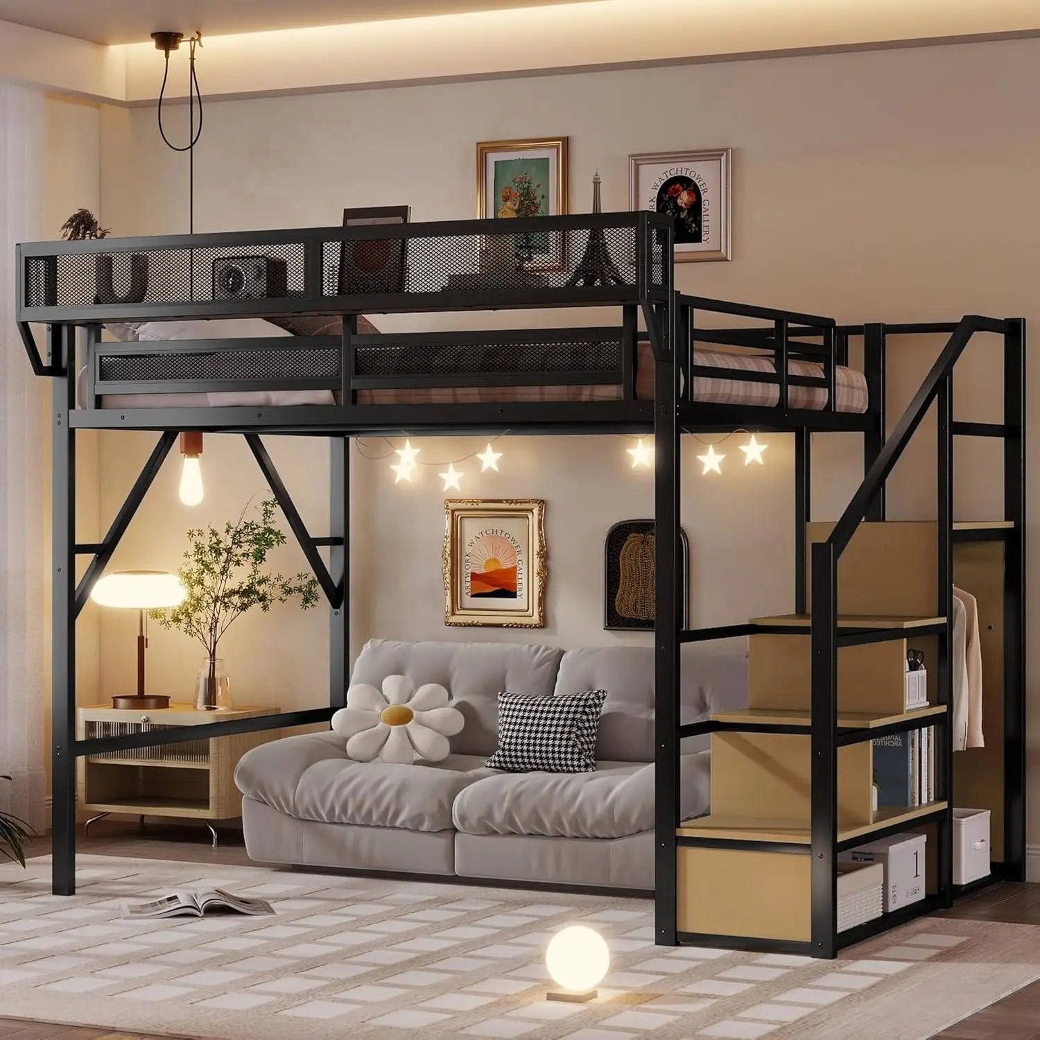 Queen Size Metal Loft Bed Frame With Stairs & Storage,