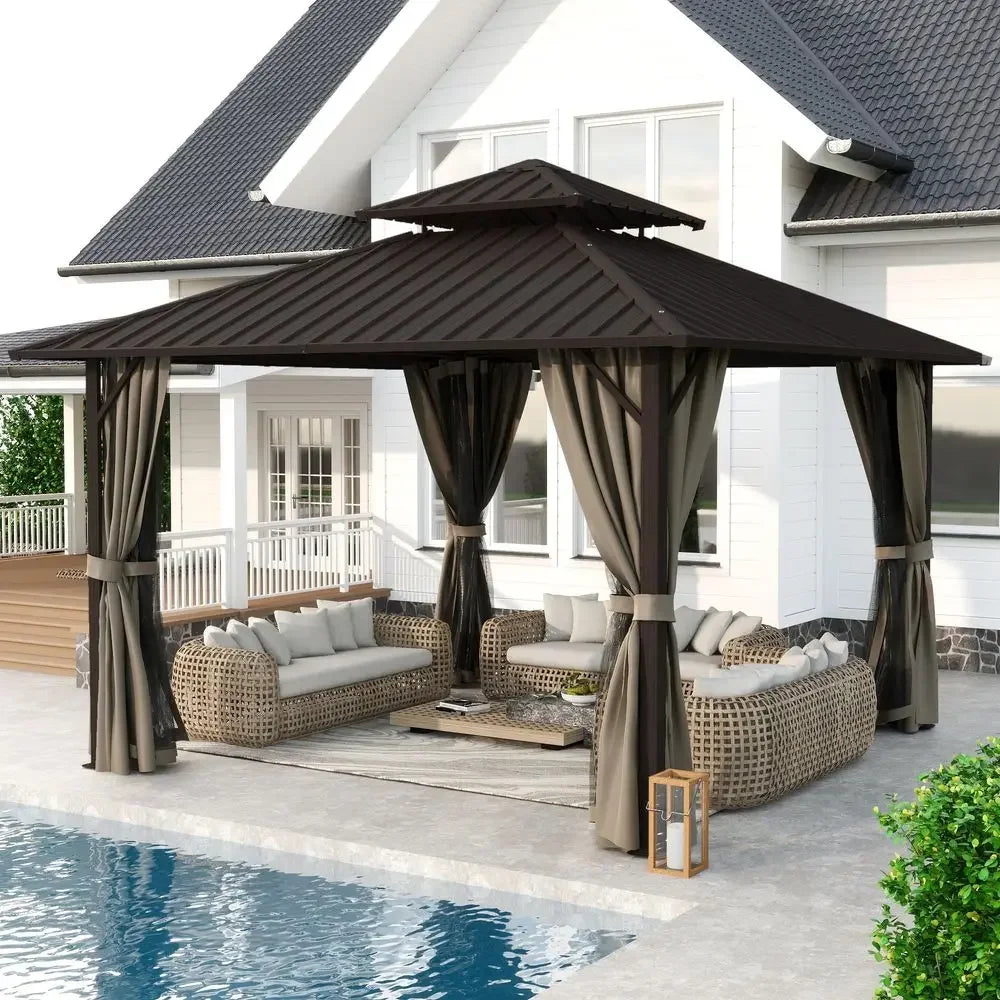 12x12 Outdoor Gazebo with Hardtop Roof, Double Galvanized Steel Roof Canopy
