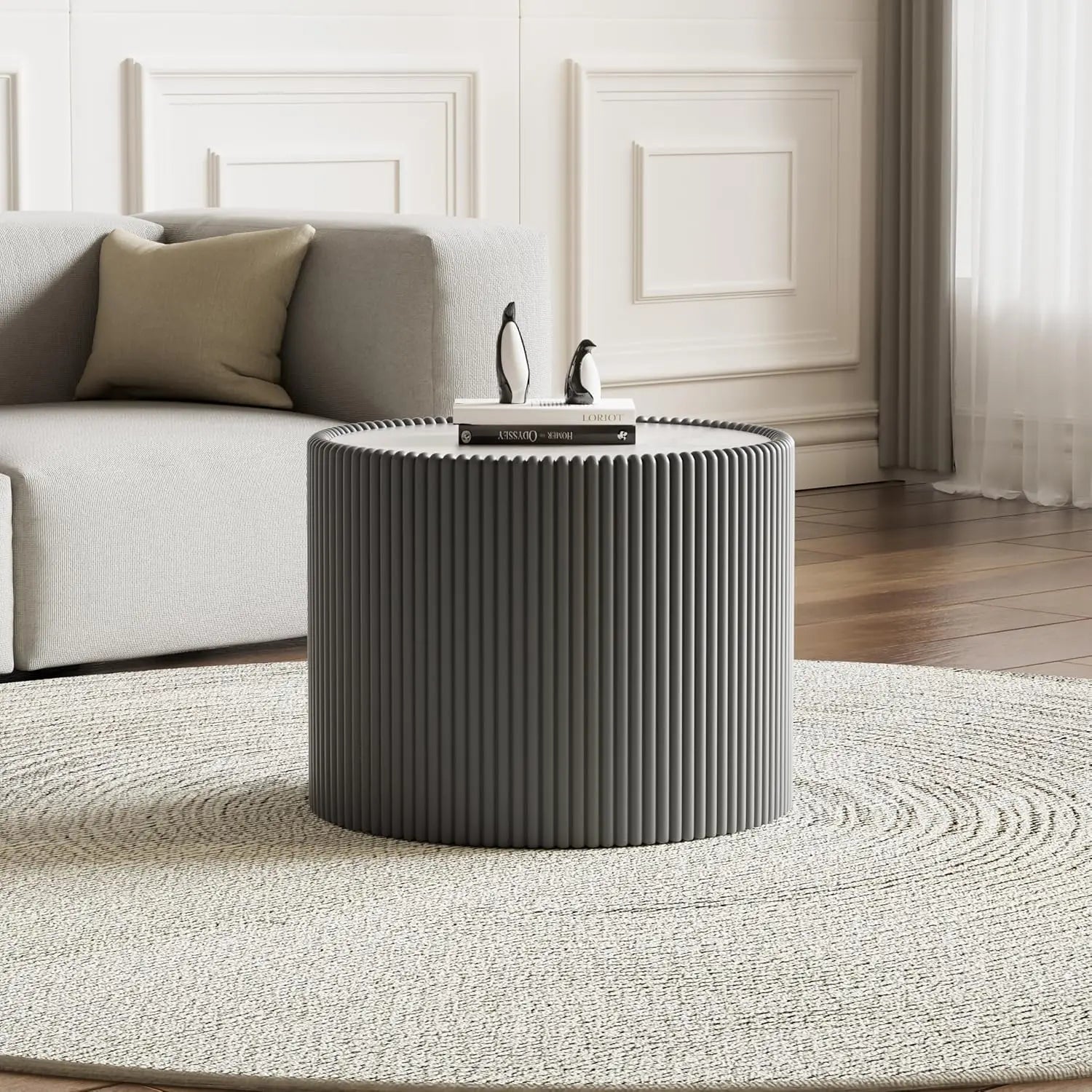 29.52" Grey Round Coffee Table Sintered Stone Top Fluted PU Leather Base