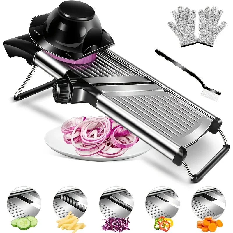 Stainless Steel Slicer /5 Blades & Holder - Safe Hand Guard Food Chopper.